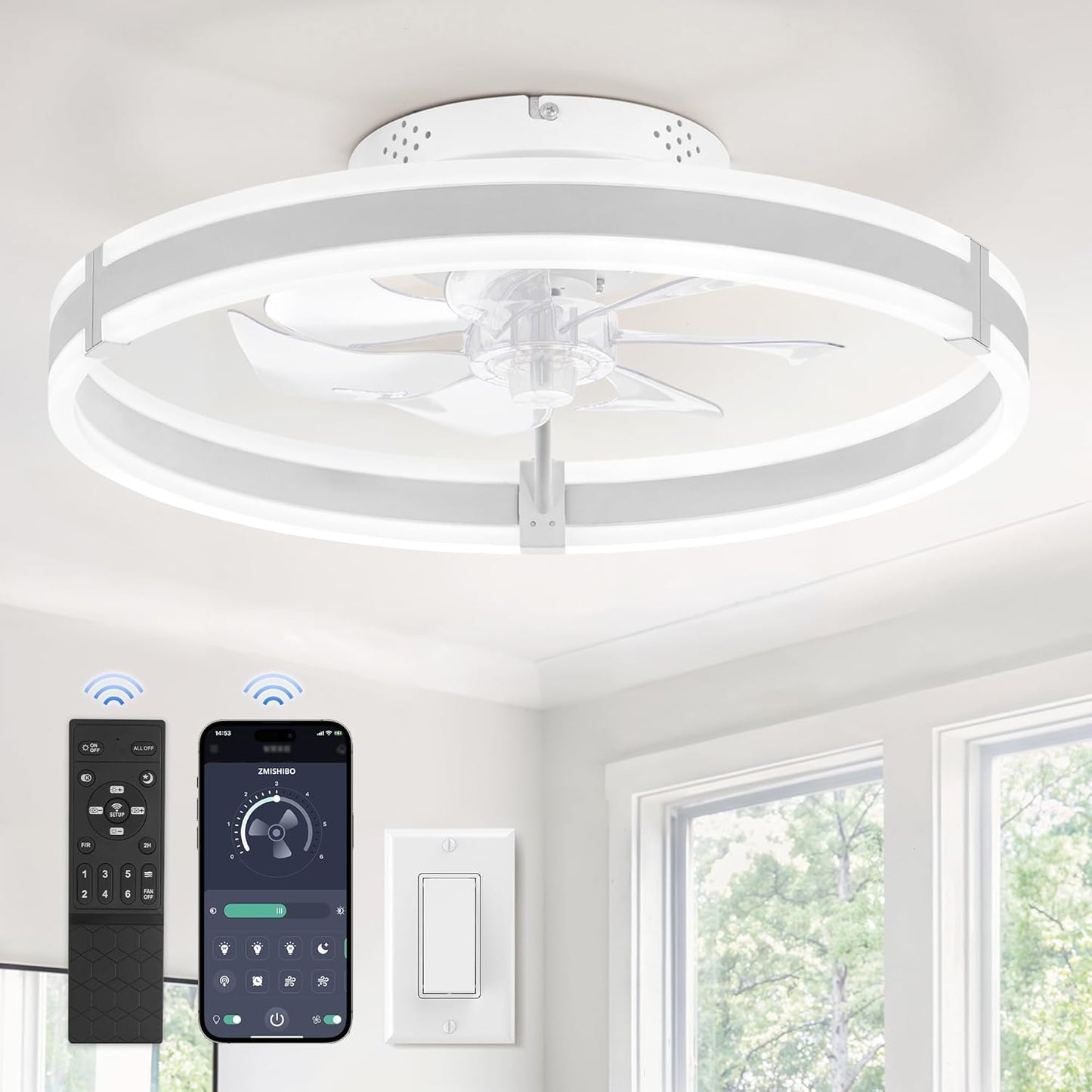 Ceiling Fans with Lights and Remote, 19.7'' Low Profile Ceiling Fan, 3000-6000K Dimmable Modern Flush Mount LED Fan Light, 6 Wind Speeds, Black Fandelier Ceiling Fans for Bedroom