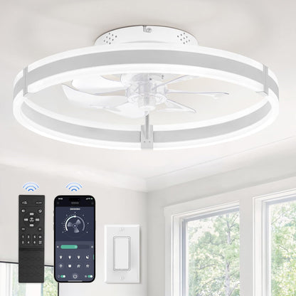 Ceiling Fans with Lights and Remote, 19.7'' Low Profile Ceiling Fan, 3000-6000K Dimmable Modern Flush Mount LED Fan Light, 6 Wind Speeds, Black Fandelier Ceiling Fans for Bedroom