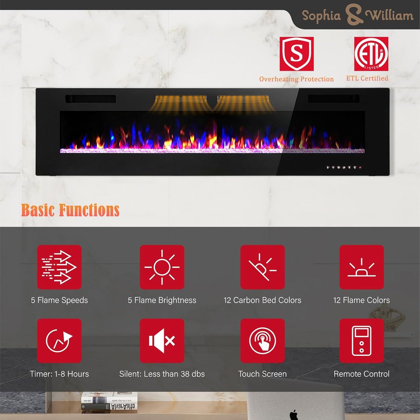 72 Inch Ultra-Thin Electric Fireplace Wall Mounted, Ultra Slim 3.19" Fireplace Heater with Remote Control, Low Noise, Flame Color Adjustable