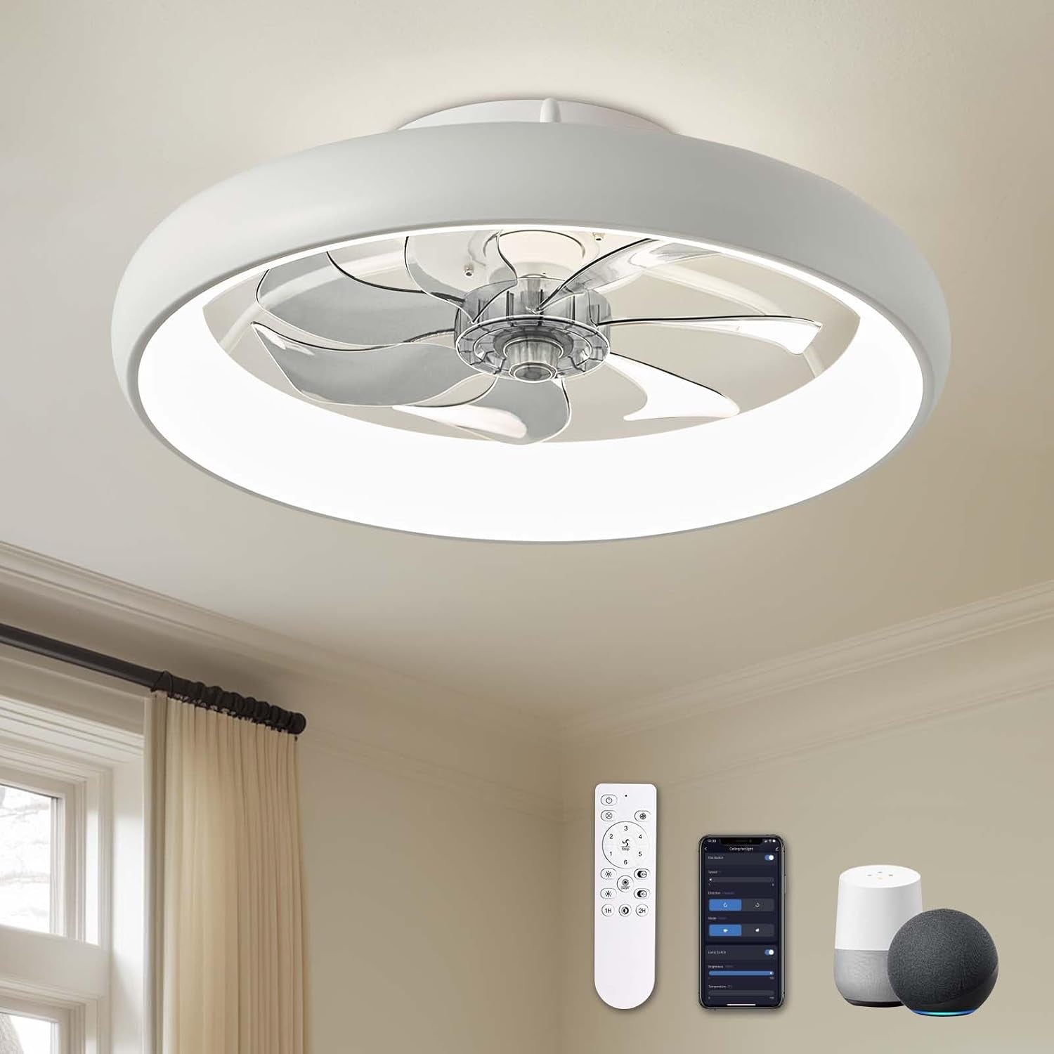 Ceiling Fans with Lights, Flush Mount Ceiling Fan with Lights and Remote, 6 Wind Speeds Smart Low Profile Ceiling Fan for Bedroom, Kids Room and Living Room 20" (Black)