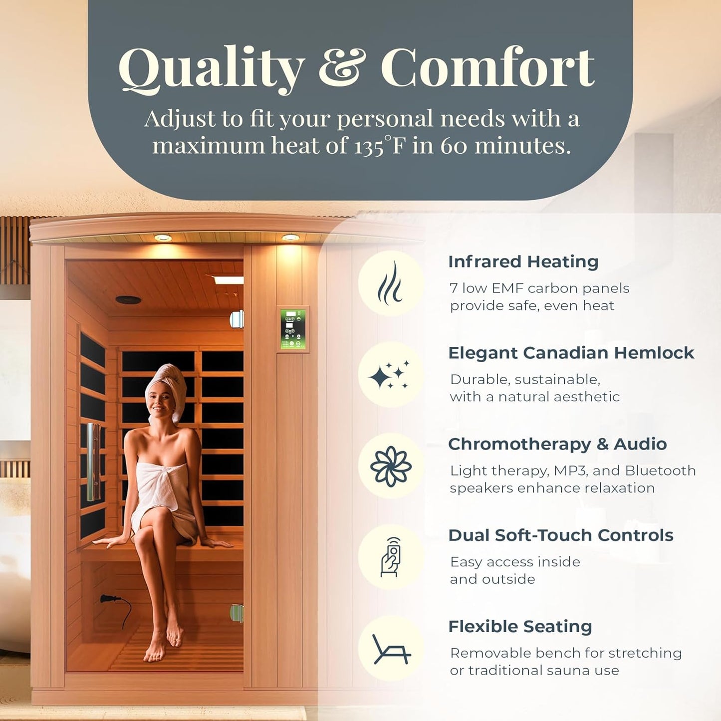Madrid Elite 3-Person Ultra Low EMF FAR Infrared Sauna with Red Light Therapy & Bluetooth Speakers | Personal Indoor Dry Heat Sauna for Home & Gym – Made from Canadian Hemlock