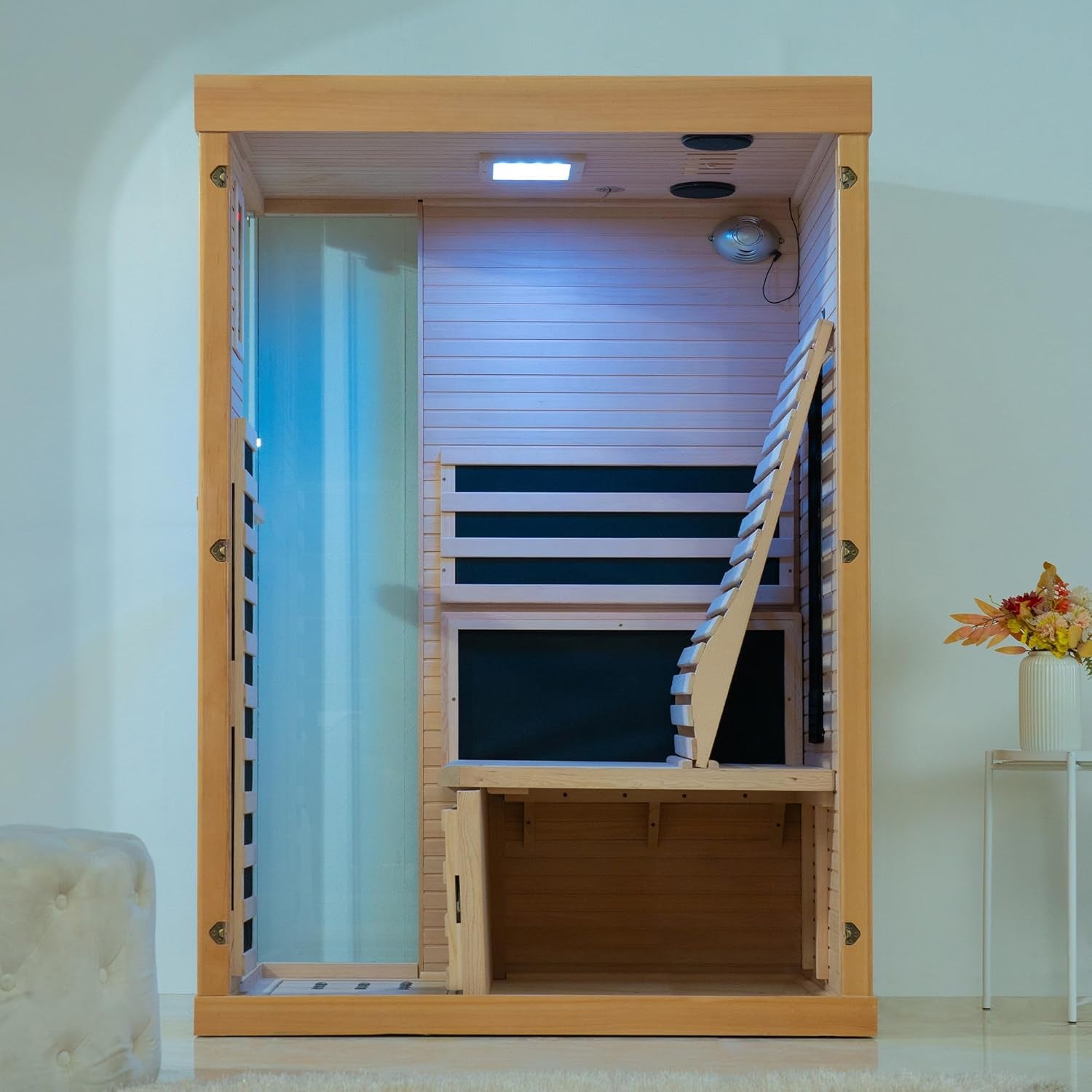 Infrared Home Sauna Room 1 Person Hemlock Wooden Indoor Sauna,7 Carbon 1560W/120V Heaters,With Led Color Therapy Light,Bluetooth Speaker,Tempered Glass,Touch-Tone Keypad and a Top Vent