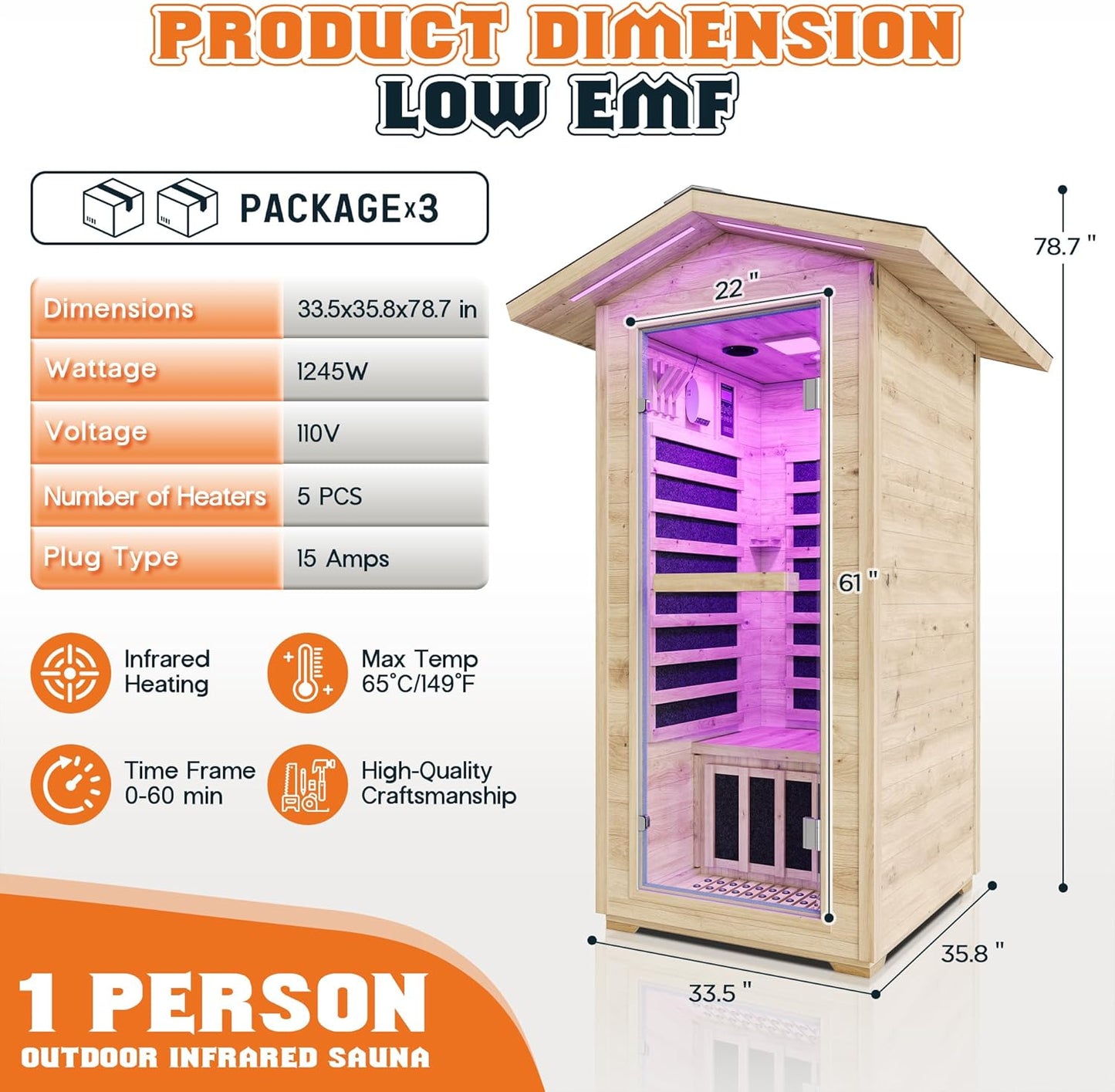 Outdoor Sauna 1 Person, Infrared Saunas for Home, Low EMF 1245W/110V Spruce Wood Dry Sauna with Tourmaline Stone Foot Warmer, 7-Color Light Therapy & 2 Bluetooth Speakers, 33.5"X35.4"X78.7"