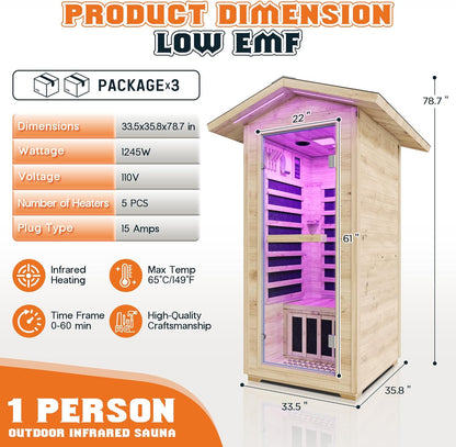 Outdoor Sauna 1 Person, Infrared Saunas for Home, Low EMF 1245W/110V Spruce Wood Dry Sauna with Tourmaline Stone Foot Warmer, 7-Color Light Therapy & 2 Bluetooth Speakers, 33.5"X35.4"X78.7"