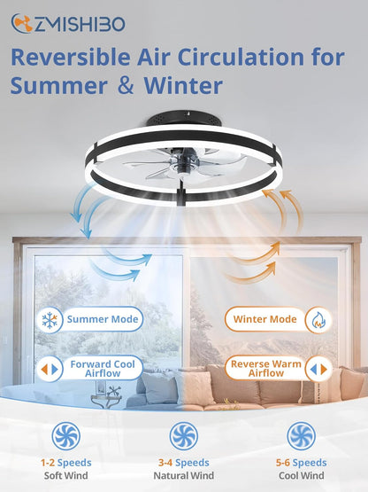Ceiling Fans with Lights and Remote, 19.7'' Low Profile Ceiling Fan, 3000-6000K Dimmable Modern Flush Mount LED Fan Light, 6 Wind Speeds, Black Fandelier Ceiling Fans for Bedroom