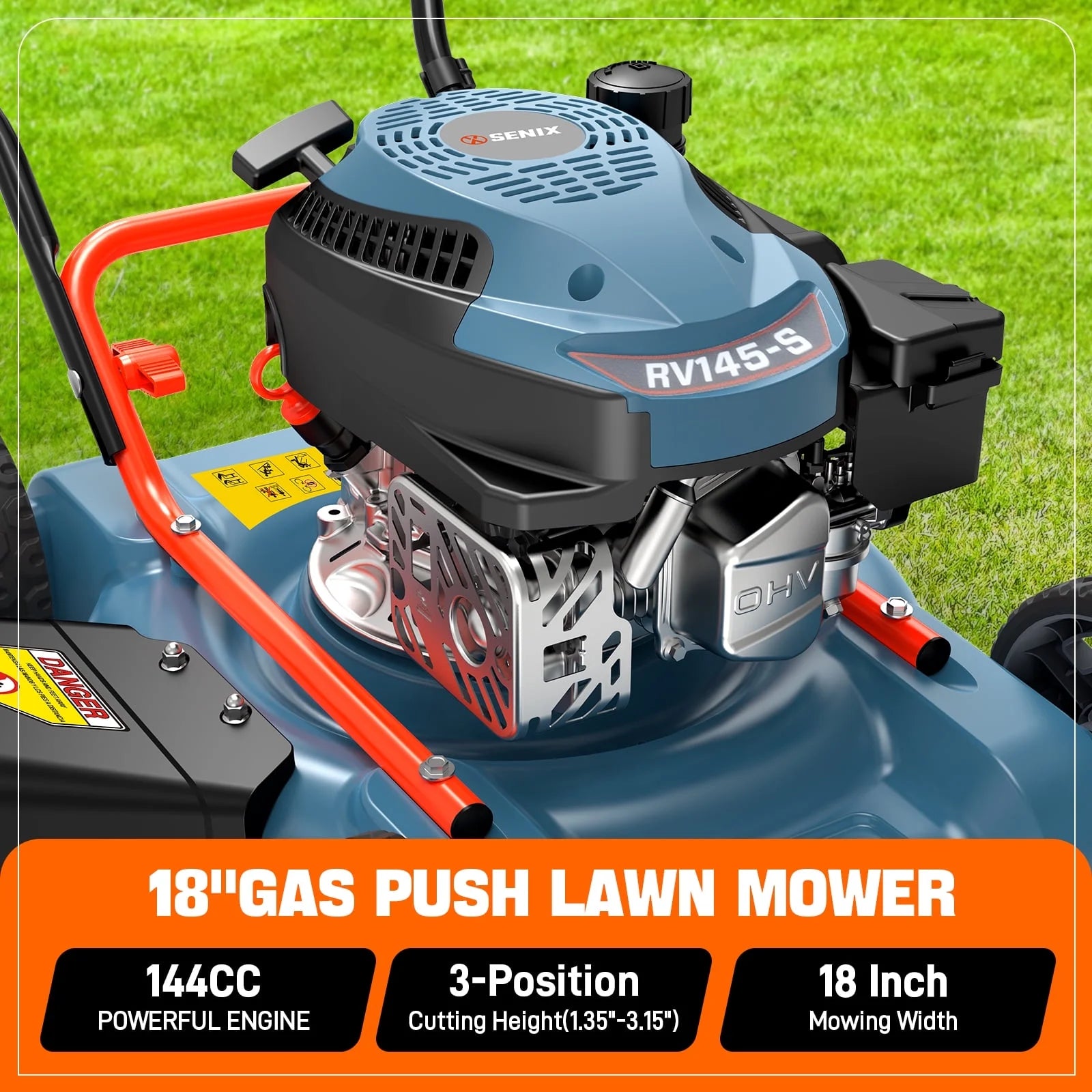 Gas Lawn Mower, 18In Cutting Blade / 19In Cutting Deck, 144Cc 4-Cycle Engine Push Mower with Side Discharge