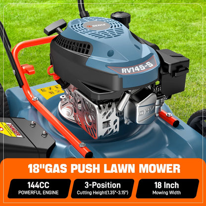 Gas Lawn Mower, 18In Cutting Blade / 19In Cutting Deck, 144Cc 4-Cycle Engine Push Mower with Side Discharge