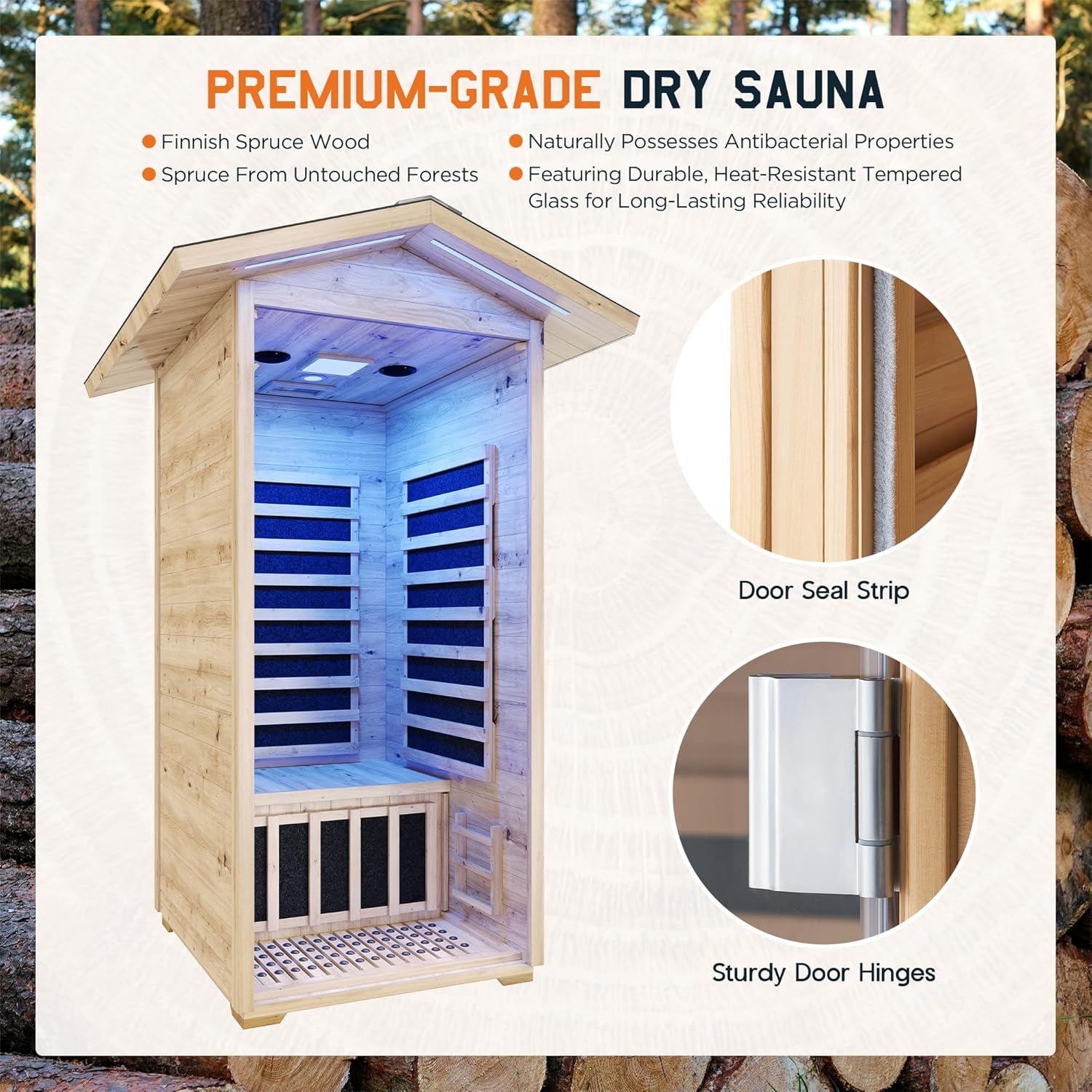 Outdoor Sauna 1 Person, Infrared Saunas for Home, Low EMF 1245W/110V Spruce Wood Dry Sauna with Tourmaline Stone Foot Warmer, 7-Color Light Therapy & 2 Bluetooth Speakers, 33.5"X35.4"X78.7"