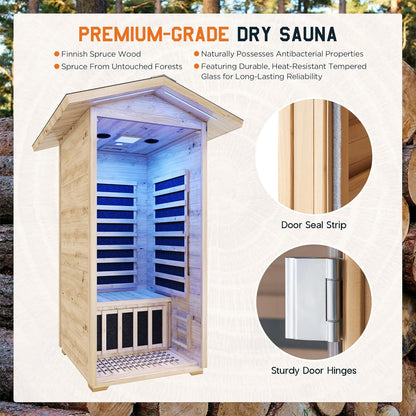 Outdoor Sauna 1 Person, Infrared Saunas for Home, Low EMF 1245W/110V Spruce Wood Dry Sauna with Tourmaline Stone Foot Warmer, 7-Color Light Therapy & 2 Bluetooth Speakers, 33.5"X35.4"X78.7"