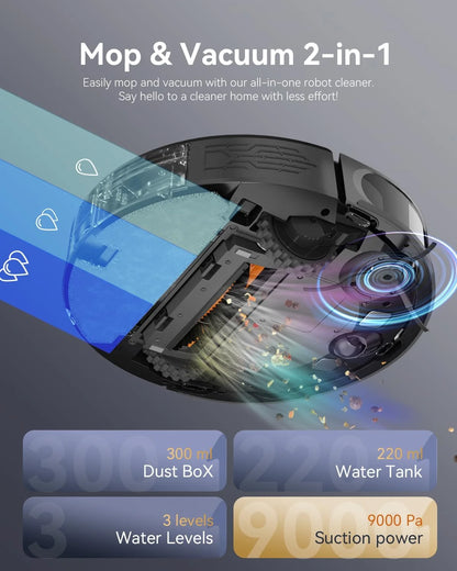 DL30 Pro Robo Vac and Mop Combo, Lidar Navigation with Mapping, Hard Floor Cleaning, 9000Pa Suction