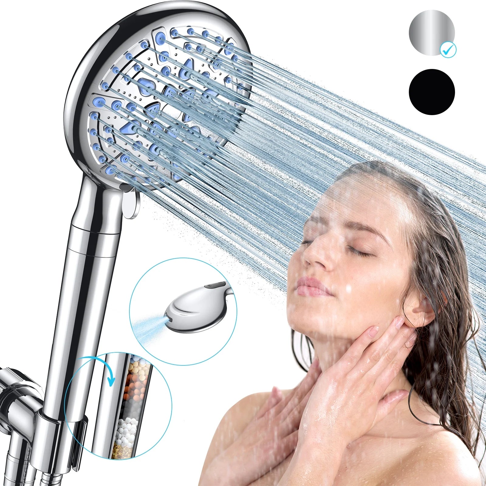 9 Setting Handheld Shower Head,High Pressure Shower Head with Filter, Hard Water Softener with 70" Hose Extension Spray Nozzle Shower,Silver