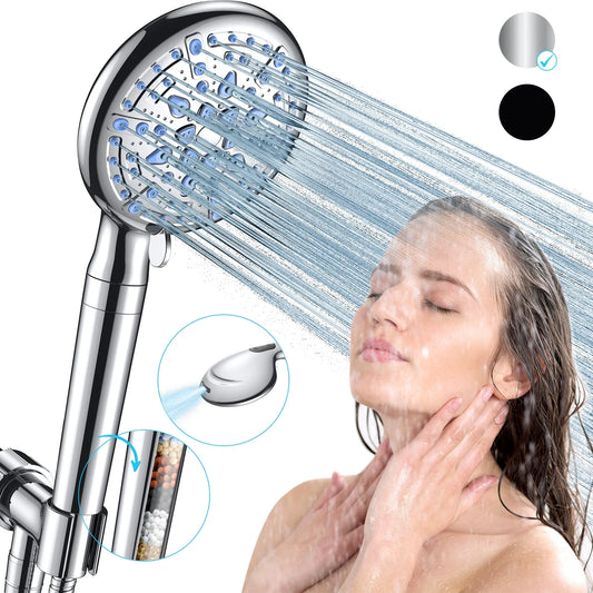 9 Setting Handheld Shower Head,High Pressure Shower Head with Filter, Hard Water Softener with 70" Hose Extension Spray Nozzle Shower,Silver