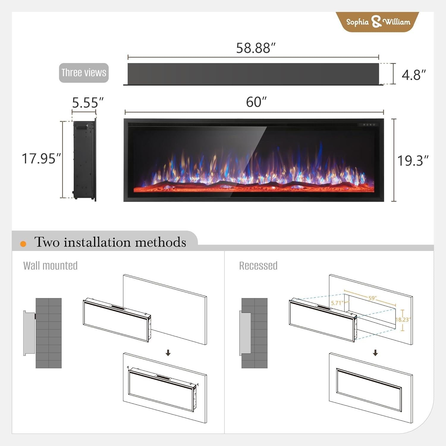 60 Inch Electric Fireplace Wall Mounted, Fireplace Heater with Remote Control, Ultra Narrow Bezel for Living Room