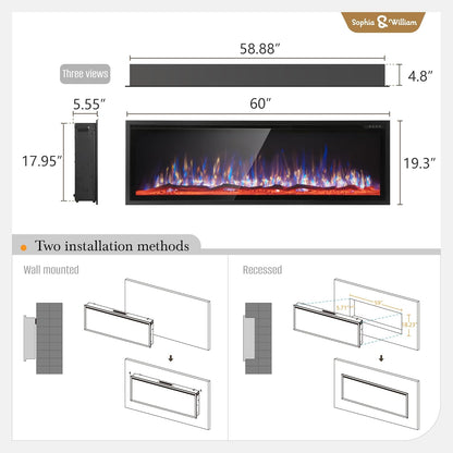 60 Inch Electric Fireplace Wall Mounted, Fireplace Heater with Remote Control, Ultra Narrow Bezel for Living Room