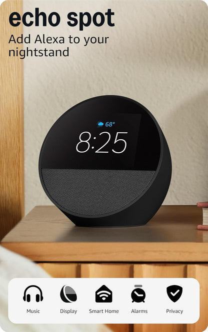 Echo Spot (Newest Model), Great for Nightstands, Offices and Kitchens, Smart Alarm Clock with Alexa+ Early Access, Black