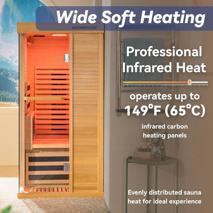 Infrared Home Sauna Room 1 Person Hemlock Wooden Indoor Sauna,7 Carbon 1560W/120V Heaters,With Led Color Therapy Light,Bluetooth Speaker,Tempered Glass,Touch-Tone Keypad and a Top Vent