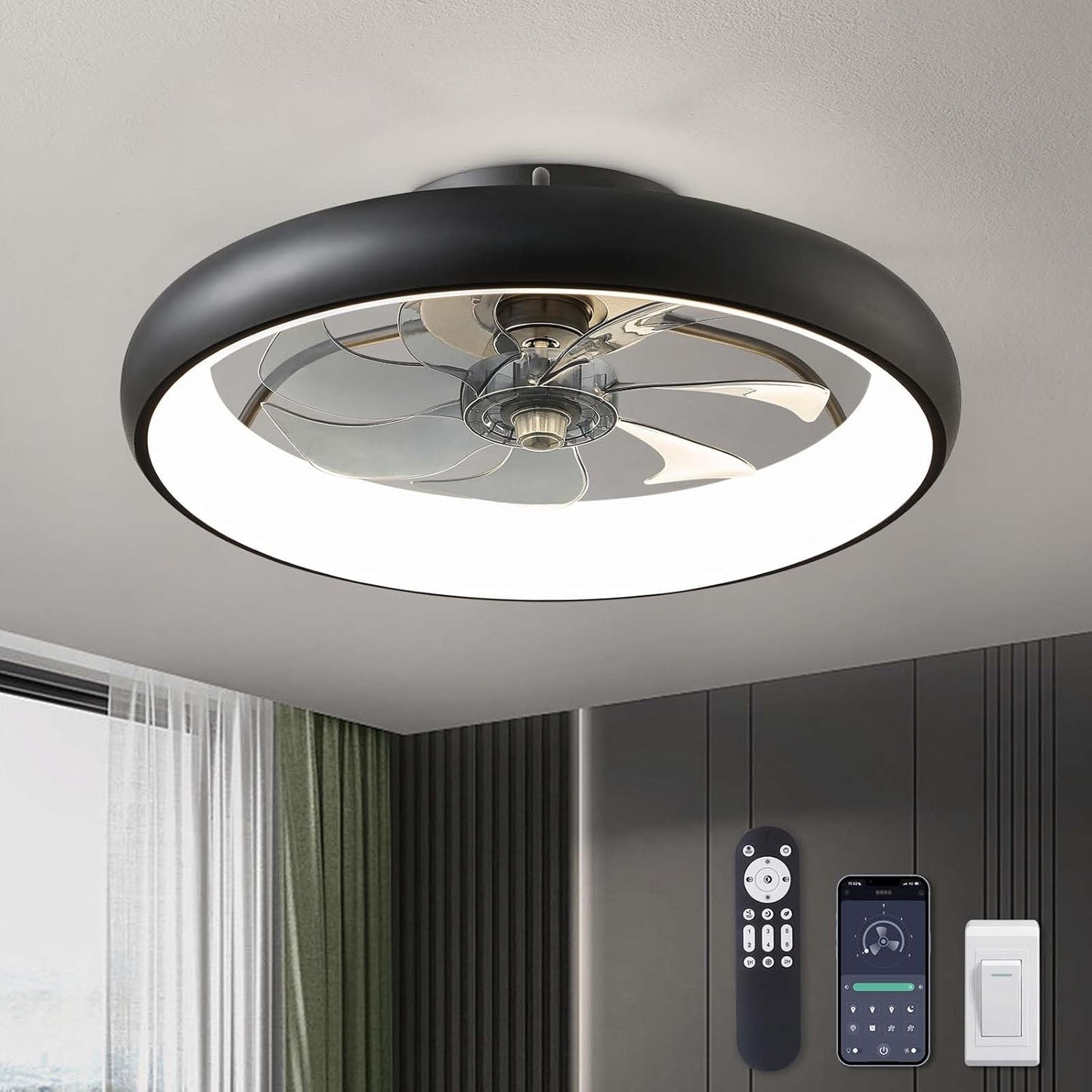 Ceiling Fans with Lights, Flush Mount Ceiling Fan with Lights and Remote, 6 Wind Speeds Smart Low Profile Ceiling Fan for Bedroom, Kids Room and Living Room 20" (Black)