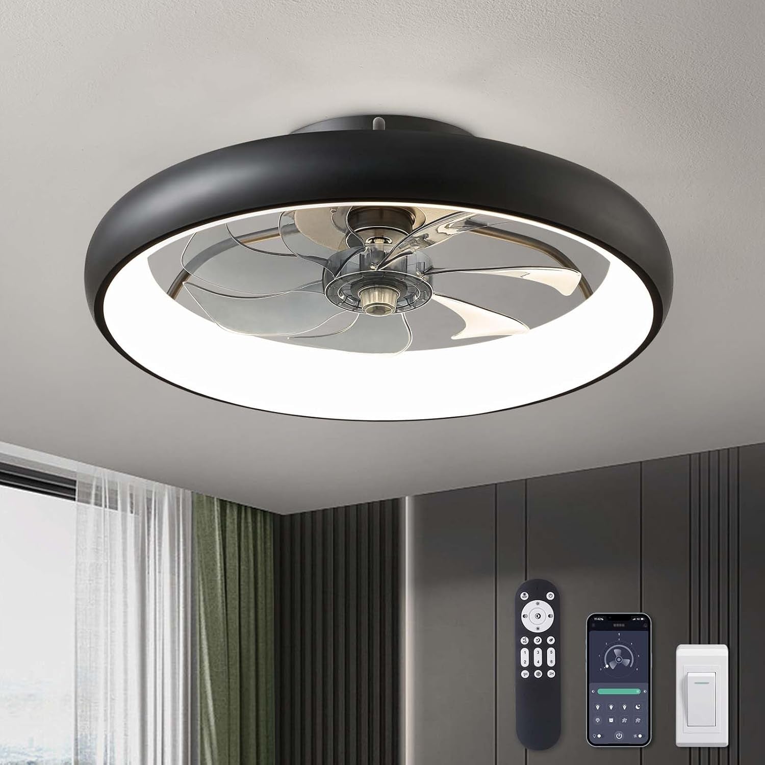 Ceiling Fans with Lights, Flush Mount Ceiling Fan with Lights and Remote, 6 Wind Speeds Smart Low Profile Ceiling Fan for Bedroom, Kids Room and Living Room 20" (Black)