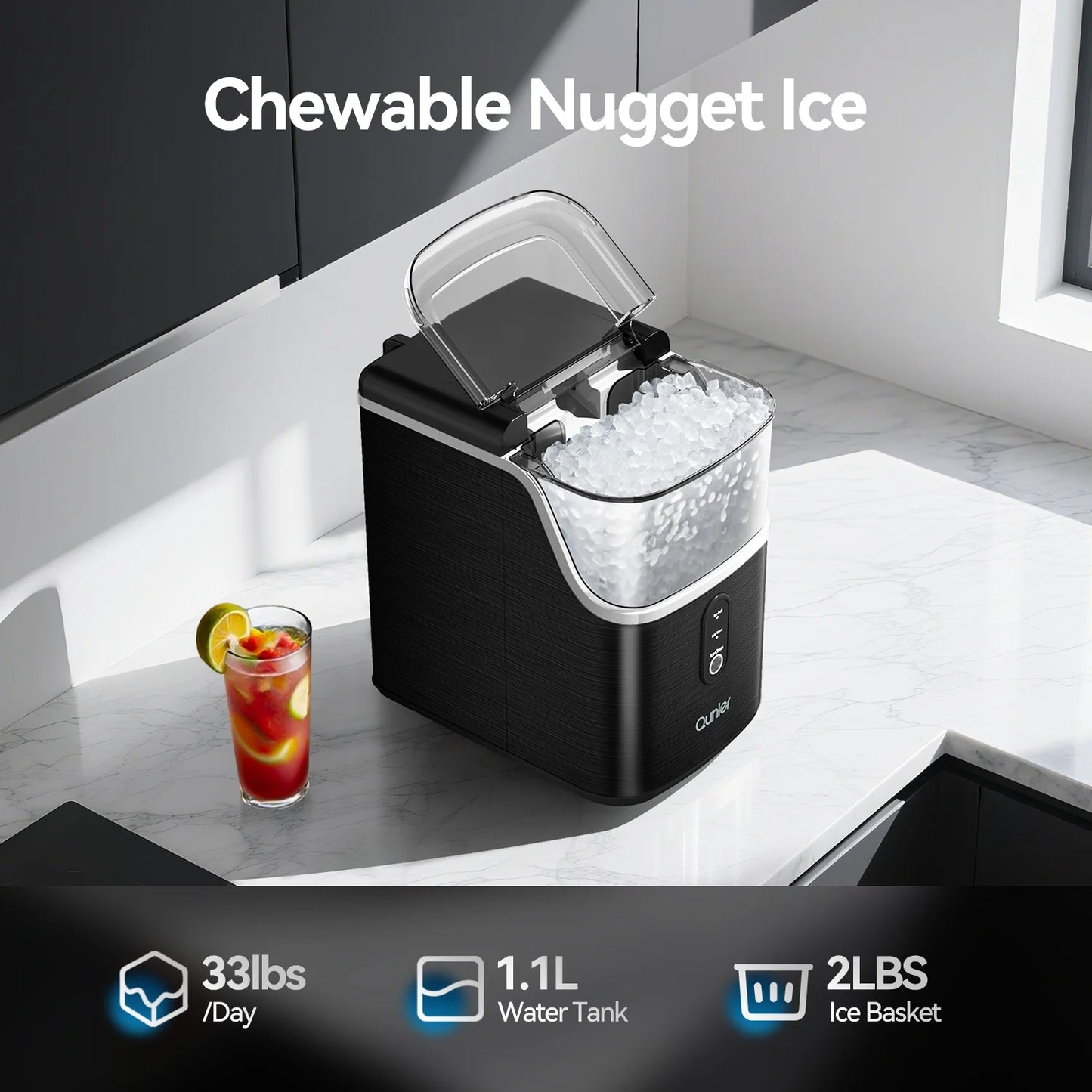 Nugget Ice Maker Countertops, 33Lbs per Day Portable Pebble Ice Machine, Crushed Sonic Ice Maker with Soft Chewable Ice for Home, Party, RV, Camping, Stainless Steel Black