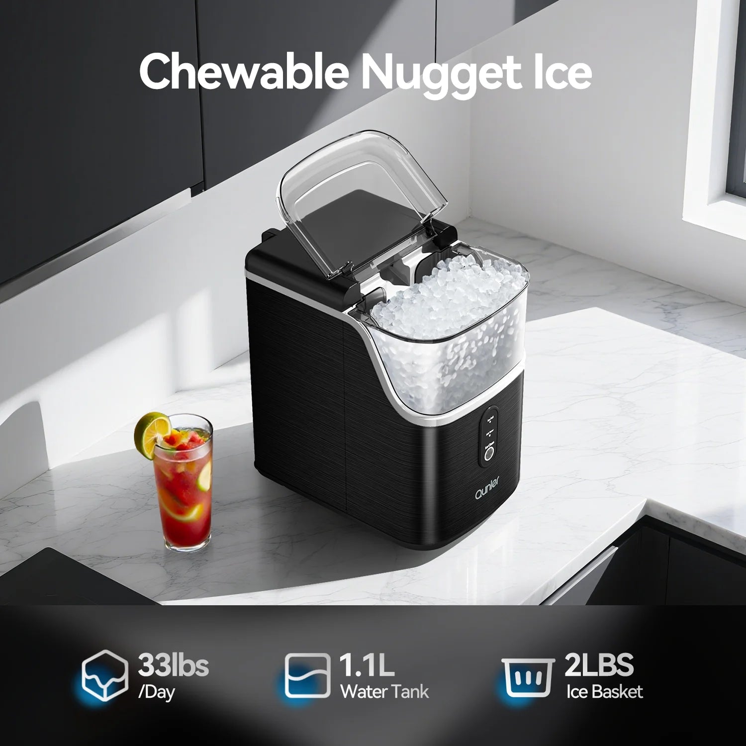 Nugget Ice Maker Countertops, 33Lbs per Day Portable Pebble Ice Machine, Crushed Sonic Ice Maker with Soft Chewable Ice for Home, Party, RV, Camping, Stainless Steel Black