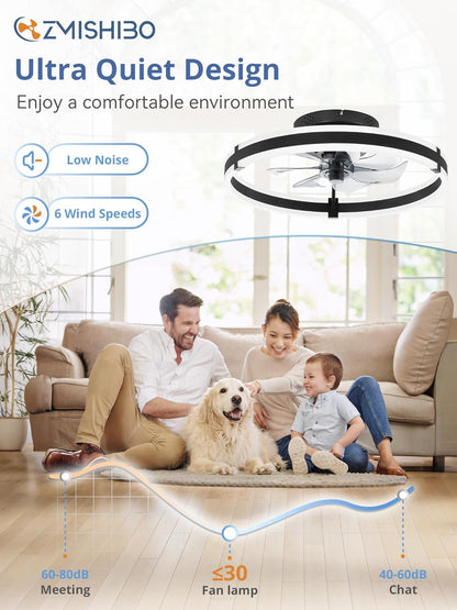 Ceiling Fans with Lights and Remote, 19.7'' Low Profile Ceiling Fan, 3000-6000K Dimmable Modern Flush Mount LED Fan Light, 6 Wind Speeds, Black Fandelier Ceiling Fans for Bedroom