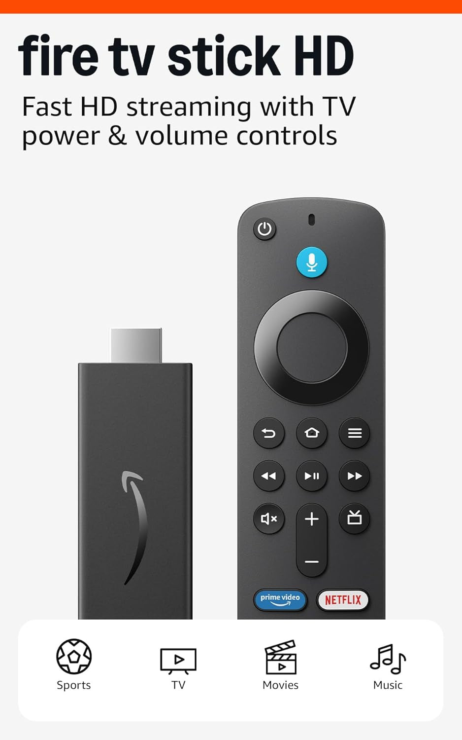 Fire TV Stick HD (Newest Model), Free and Live TV, Alexa Voice Remote, Smart Home Controls, HD Streaming