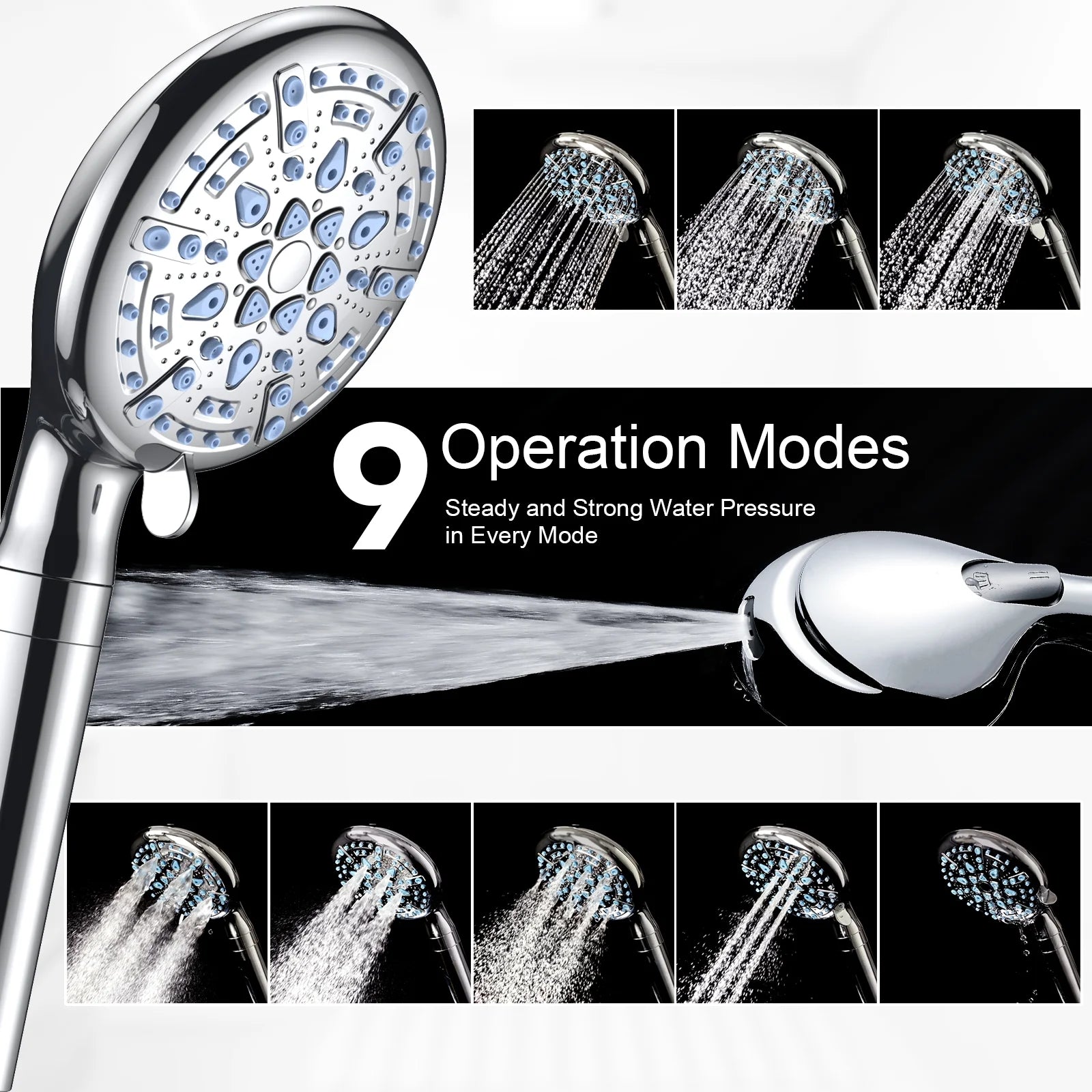 9 Setting Handheld Shower Head,High Pressure Shower Head with Filter, Hard Water Softener with 70" Hose Extension Spray Nozzle Shower,Silver