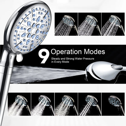 9 Setting Handheld Shower Head,High Pressure Shower Head with Filter, Hard Water Softener with 70" Hose Extension Spray Nozzle Shower,Silver