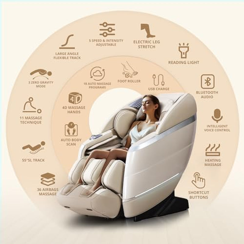 4D Massage Chair Full Body, 166° Flexible Track, 18 Modes, 11 Techniques, 36 Airbag Massage, with Yoga Stretch, Foot Massage, Zero Gravity Massage Recliner（Beige）