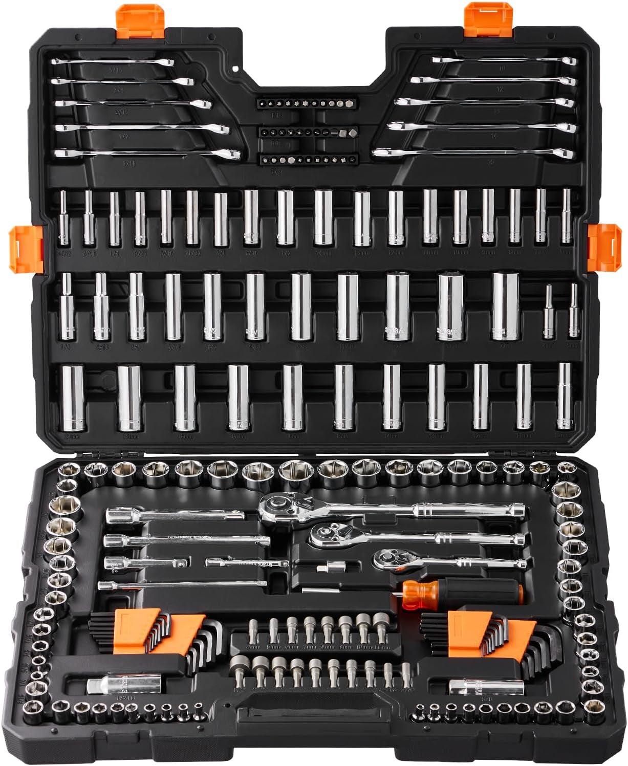Mechanics Tool Set, 205 Pcs SAE and Metric Sockets, 1/4" 3/8" 1/2" Drive Deep and Standard Sockets, Chrome Vanadium Steel, Polyethylene