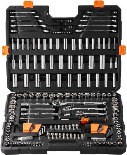 Mechanics Tool Set, 205 Pcs SAE and Metric Sockets, 1/4" 3/8" 1/2" Drive Deep and Standard Sockets, Chrome Vanadium Steel, Polyethylene