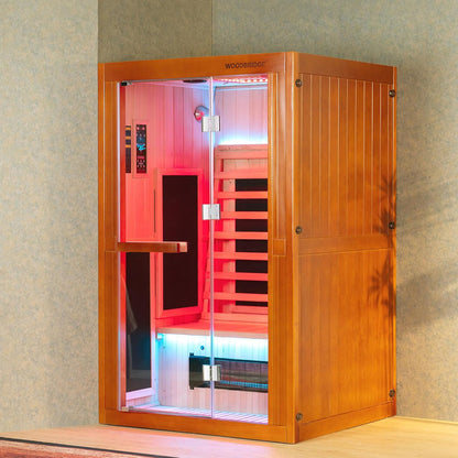 Infrared Home Sauna Room 2 Person Hemlock Wooden Indoor Sauna with 7 Carbon Heaters, Red Light Therapy, Bluetooth Speaker, Intelligent Control Panel, Tempered Glass & Top Vent