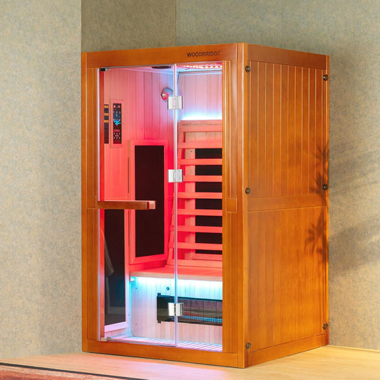 Infrared Home Sauna Room 2 Person Hemlock Wooden Indoor Sauna with 7 Carbon Heaters, Red Light Therapy, Bluetooth Speaker, Intelligent Control Panel, Tempered Glass & Top Vent