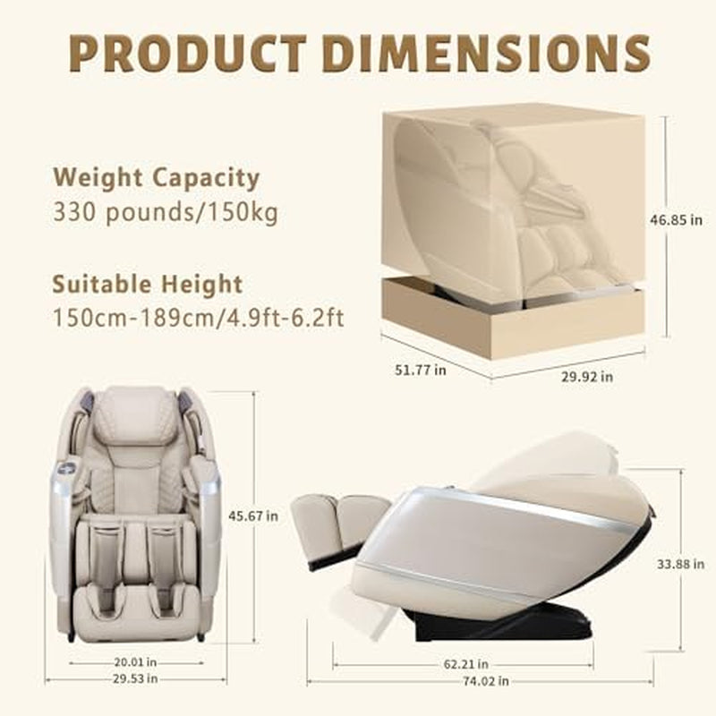 4D Massage Chair Full Body, 166° Flexible Track, 18 Modes, 11 Techniques, 36 Airbag Massage, with Yoga Stretch, Foot Massage, Zero Gravity Massage Recliner（Beige）