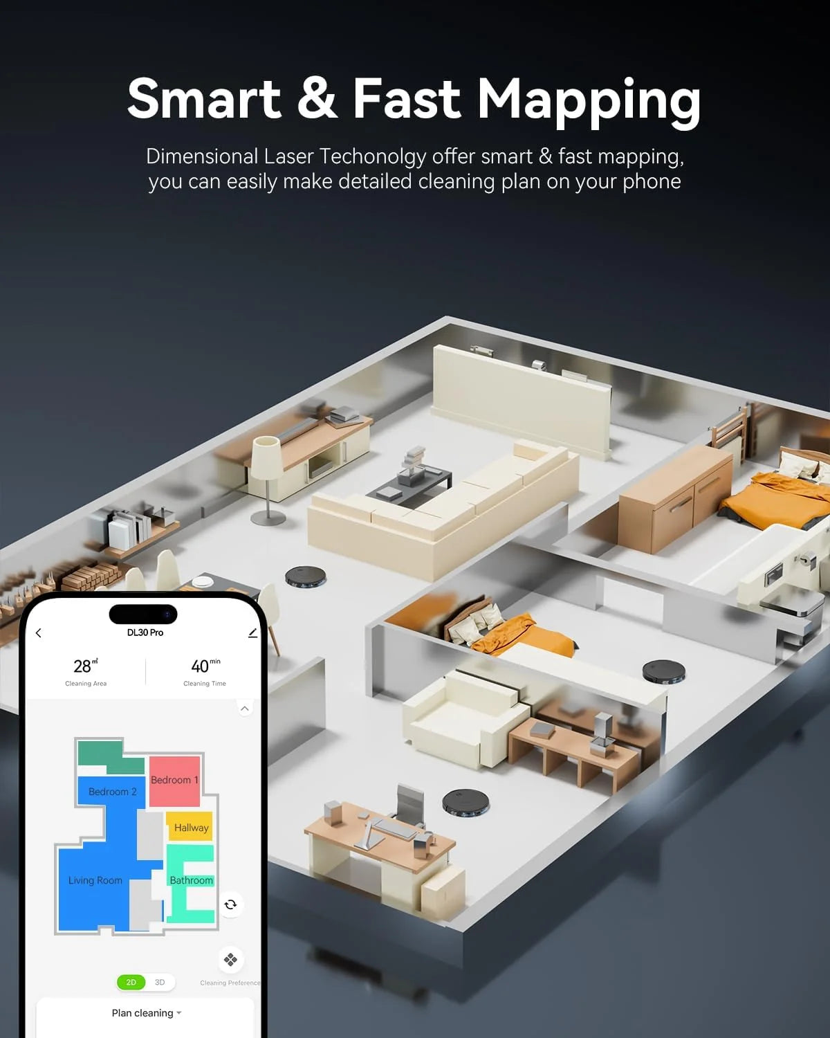 DL30 Pro Robo Vac and Mop Combo, Lidar Navigation with Mapping, Hard Floor Cleaning, 9000Pa Suction