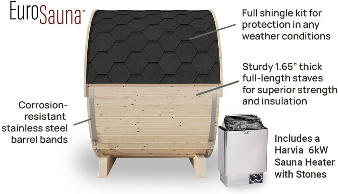 Eurosauna 2-Person Outdoor Barrel Sauna with Shingles, Lighting, & 6Kw Harvia Sauna Heater, 81X59