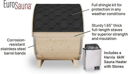 Eurosauna 2-Person Outdoor Barrel Sauna with Shingles, Lighting, & 6Kw Harvia Sauna Heater, 81X59