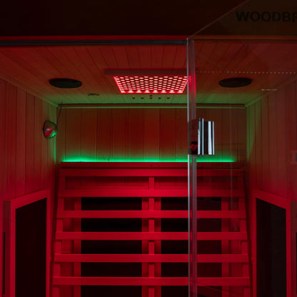 Infrared Home Sauna Room 2 Person Hemlock Wooden Indoor Sauna with 7 Carbon Heaters, Red Light Therapy, Bluetooth Speaker, Intelligent Control Panel, Tempered Glass & Top Vent