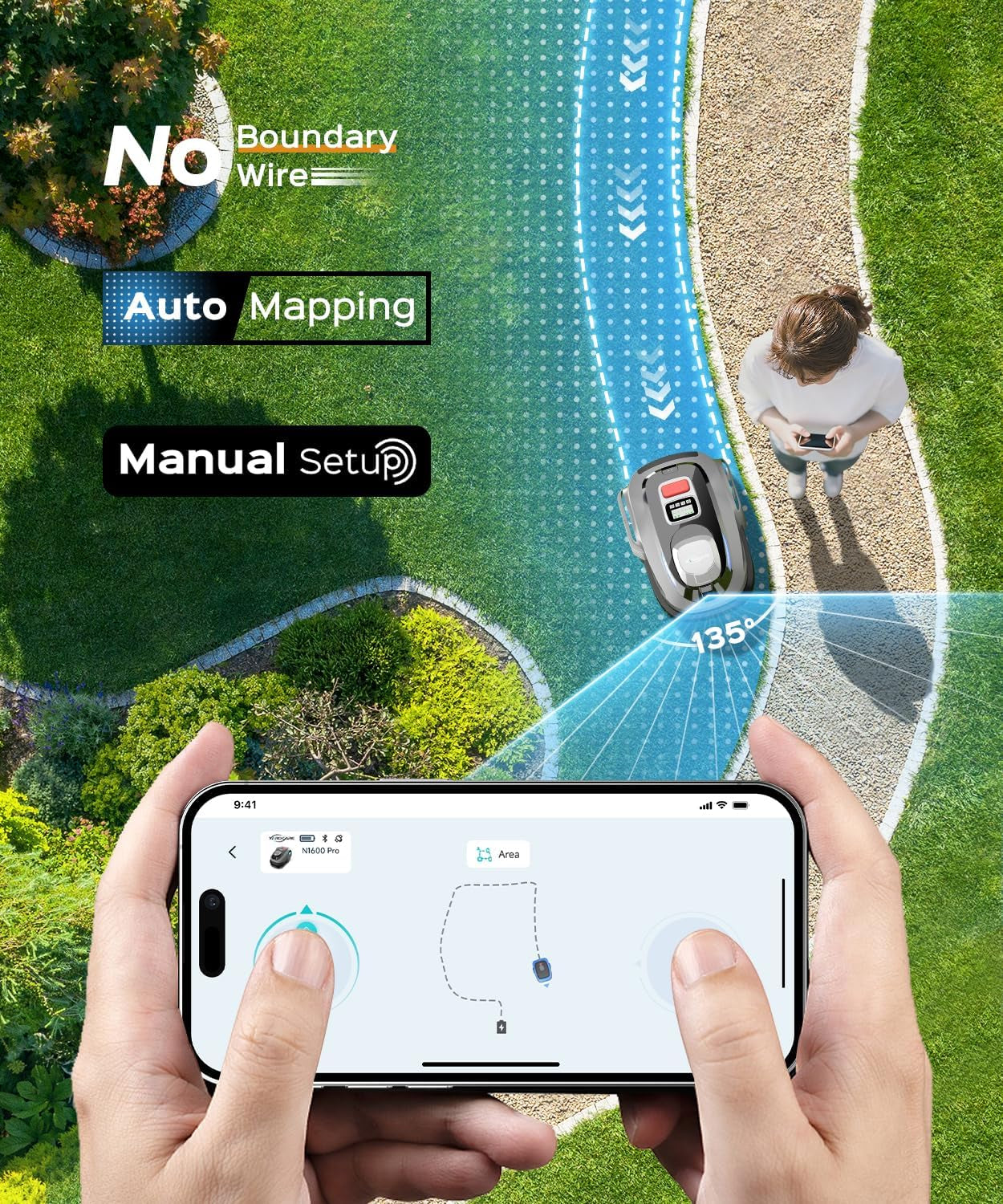 N1600 PRO Wireless Robot Lawn Mower, Rtk+Vision Navigation, 0.4 Acre Coverage, APP Smart Control, Multi-Zone Mowing, Ordered Cutting Path, Smart Robot Lawn Mower for Yards